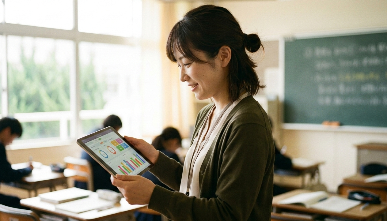 タブレットで採点結果を確認する教師